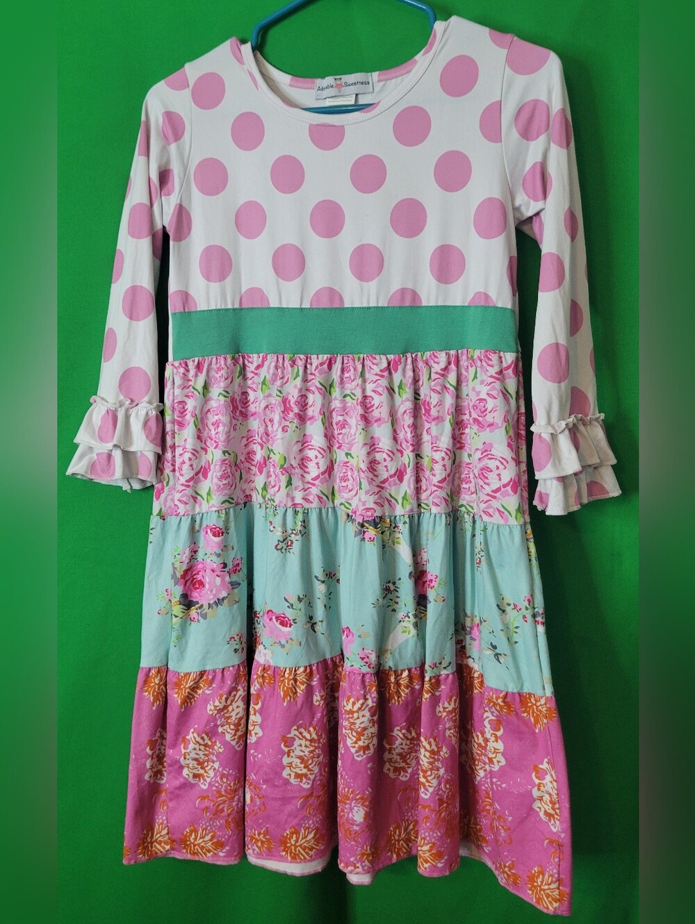 Girl Pink Mint Floral Tiered Ruffle Dress Adorable Sweetness Sz 8 Polka Dot Flow